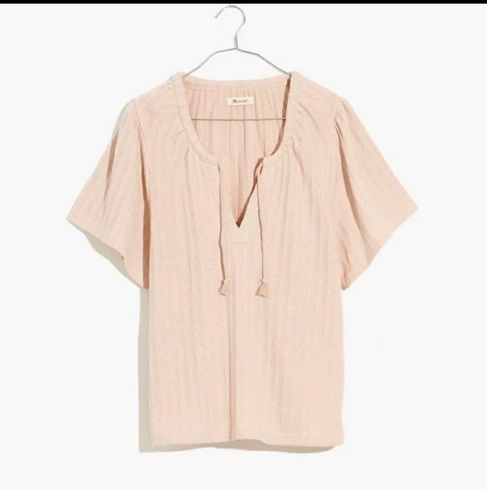 MADEWELL Pointelle Tie-Neck Tunic Top in Avalon Pink XS